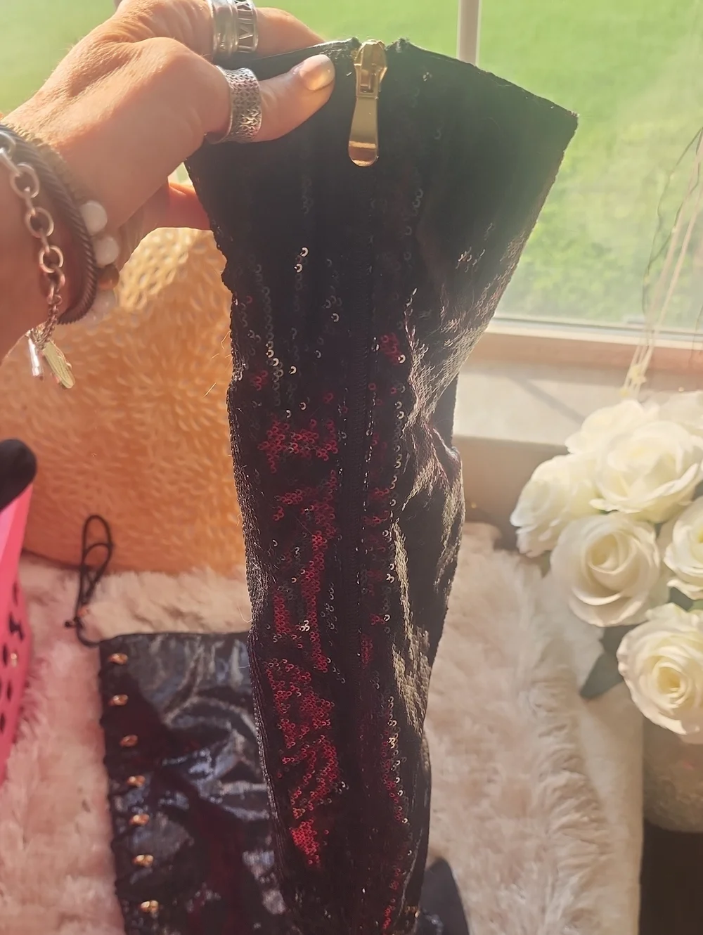 ♥️LIKE NEW Black Sequin Over-the-Knee Lace-Up Stiletto Boots!